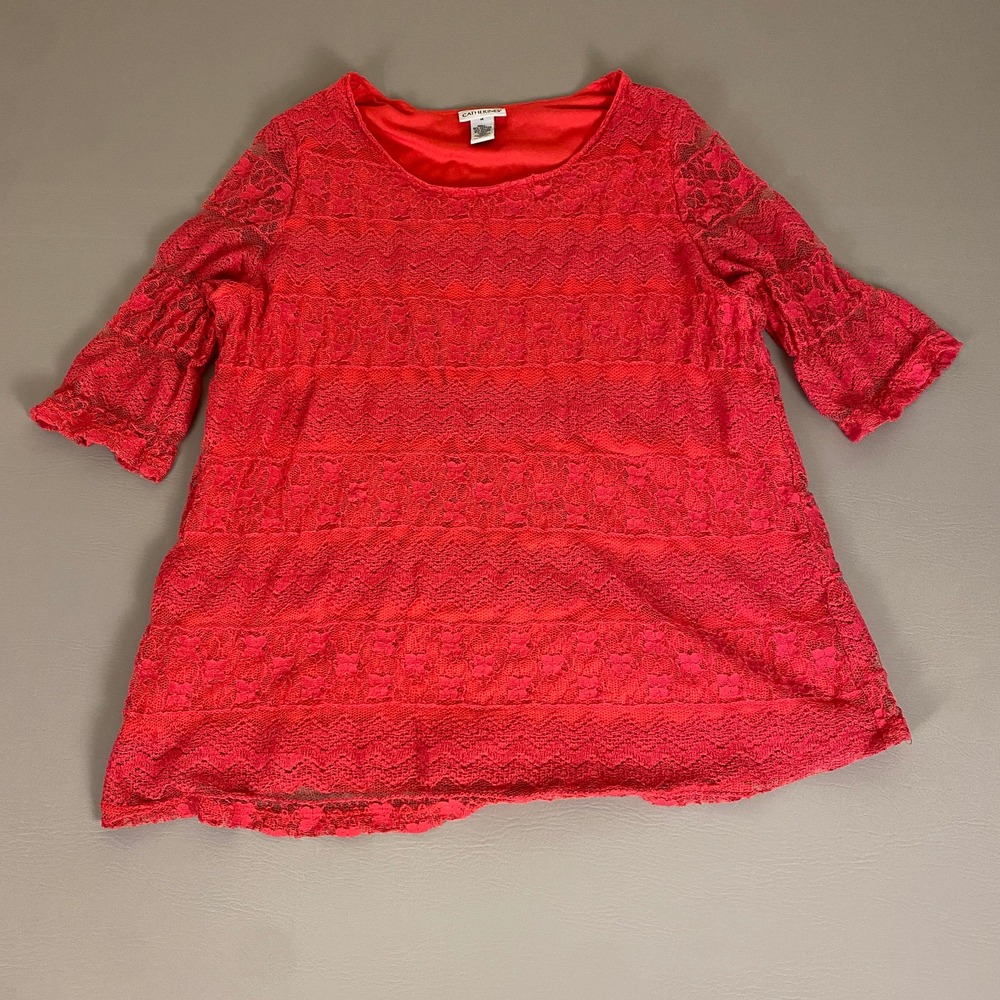 Catherines Lace Top Blouse‎ Plus Size 1X Red Short Bell Sleeves Lightweight
